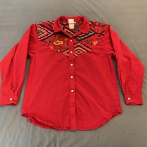 Vintage Desert West By Sherry Holt‎ Shirt Womens Large Red Western Snap USA 80s